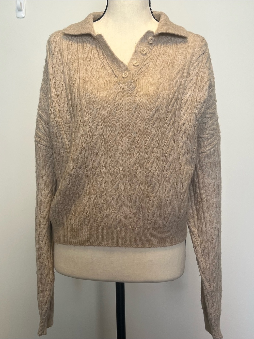 Cable Knit Collared Sweater - Beige